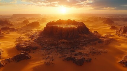 Naklejka premium Desert sunset, ancient ruins, aerial view, landscape