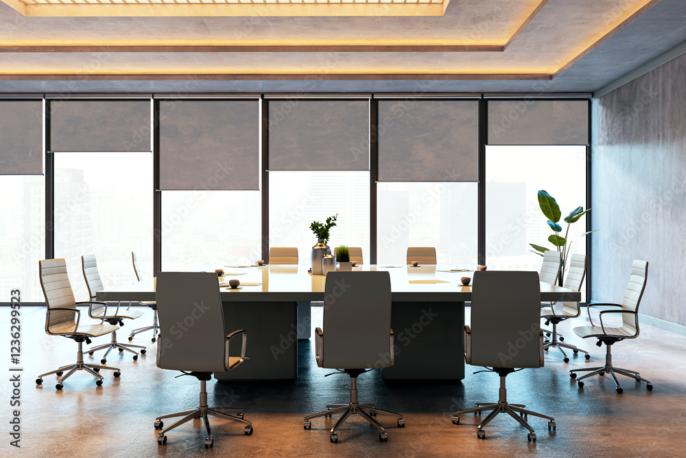 Poster modern conference room with large table and chairs, surrounded by floor-to-ceiling windows with city