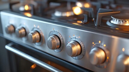 Modern kitchen gas stove controls, close-up, warm light, cooking
