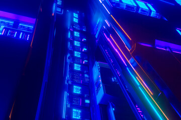 schematic data moving between server nodes in futuristic neon art theme