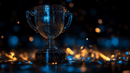 A Silver Trophy Reflects Blue and Gold Lights