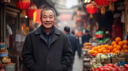 Obraz premium Senior chinese man smiling at an outdoor market stall in china during chinese new year celebrations, with red lanterns and fresh produce51b80