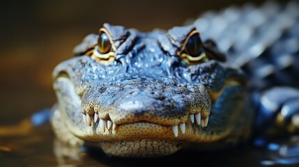 Fototapeta premium Close-up of an american alligator resting in the water, showcasing its sharp teeth and textured skin