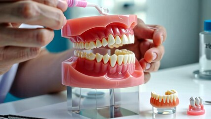 Clear, illuminated dental demo focusing on correct tooth brushing methods