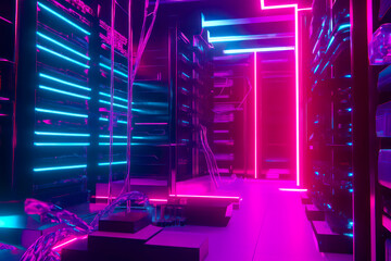 schematic data moving between server nodes in futuristic neon art theme