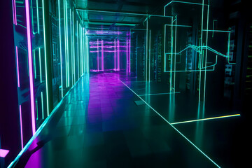 schematic data moving between server nodes in futuristic neon art theme