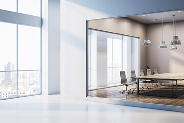 Modern corporate meeting room with glass walls and city view. 3D Rendering