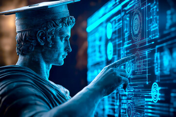 Sculpture of ancient Greek god in graduation cap presses on hologram screen, clicks finger on dark background. Blue lighting on neural network background