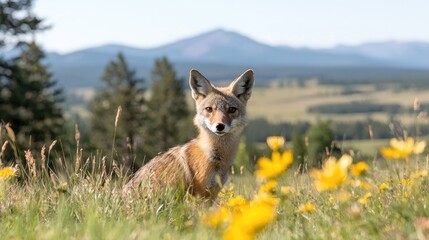 Coyote sits in mountain meadow wildflowers