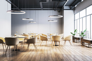 Modern cafe interior with wooden flooring, beige chairs, and circular lights. 3D Rendering