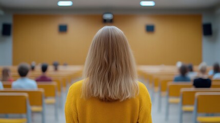 A woman stands in front of a crowd of people in a yellow room