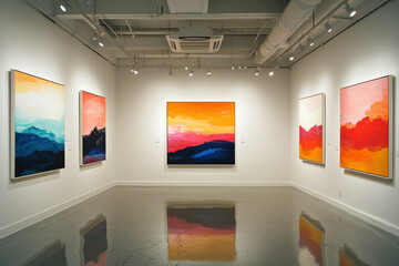 Contemporary abstract paintings illuminated in a professional gallery exhibition space