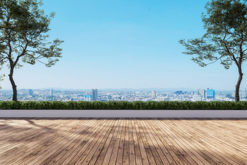 Modern contemporary empty wooden terrace with city view background and clear blue sky for copy...