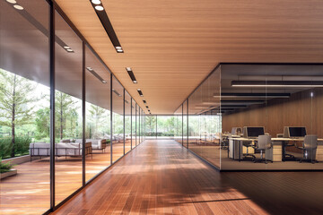 Modern contemporary office interior with wooden terrace 3d render