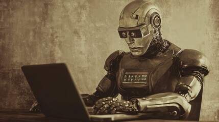 A humanoid robot working on a laptop in a sepia toned vintage scene of the future