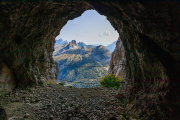 mountain landscape with blue sky lagazuoi dolomites world war one ruins tunnel