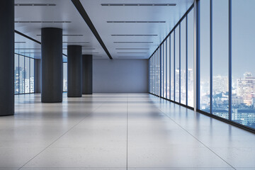 Modern office corridor with glass windows overlooking cityscape at night. 3D Rendering