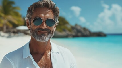 Mature Man Smiles at Beach, Caribbean Style