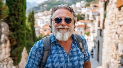 Senior man smiles, backpacking, Spanish village, travel