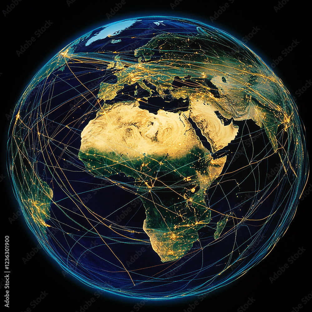 Poster a digital globe illuminated by light trails connecting cities, symbolizing global connectivity, data