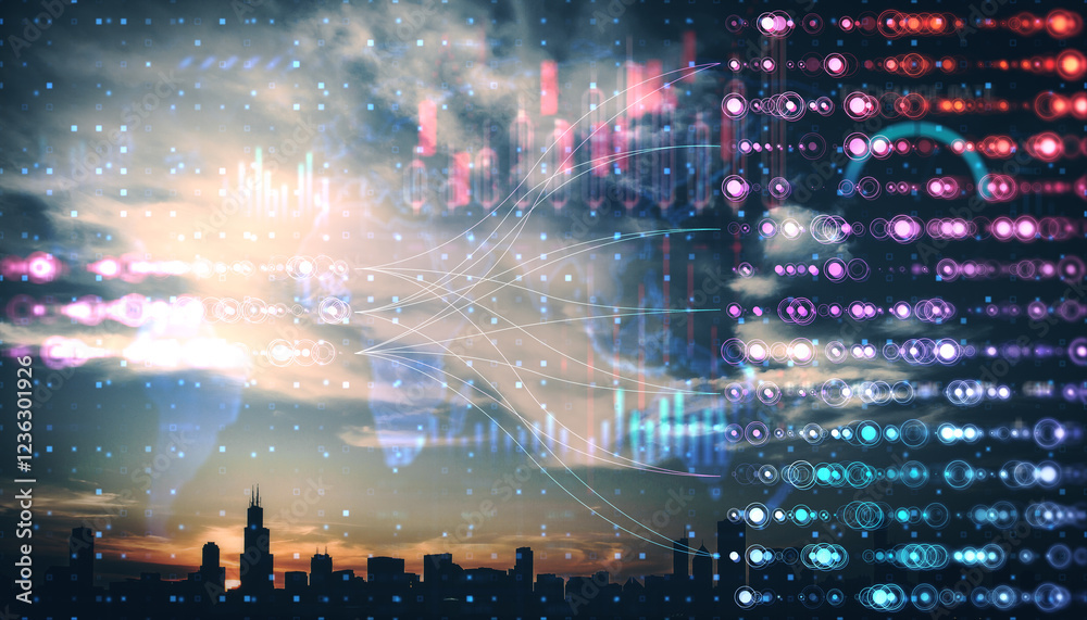 Poster abstract city skyline with digital data overlay and futuristic holographic elements in vibrant color