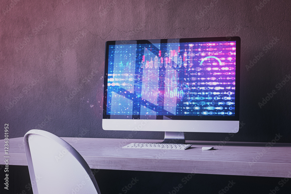 Poster Abstract digital data concept on desktop screen in modern workspace. 3D Rendering