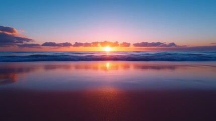 Fototapeta premium The sun is setting over the ocean, casting a warm glow on the water