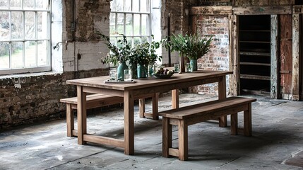 Obraz premium Rustic wooden dining table set in industrial loft