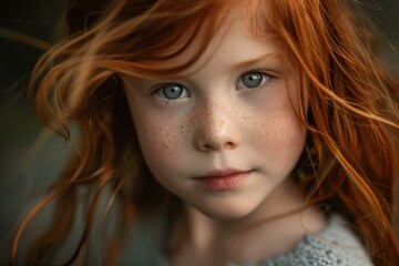 Close up portrait of young girl with bright red hair, freckles, and captivating gray eyes, expressing a blend of confidence and childlike innocence