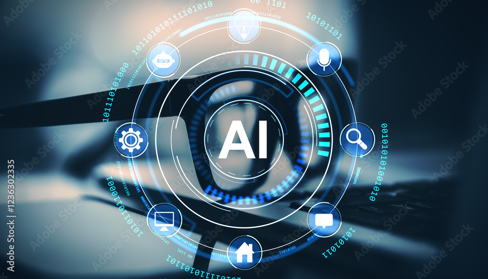 Aufkleber Abstract AI interface with digital elements and icons on blurred background.