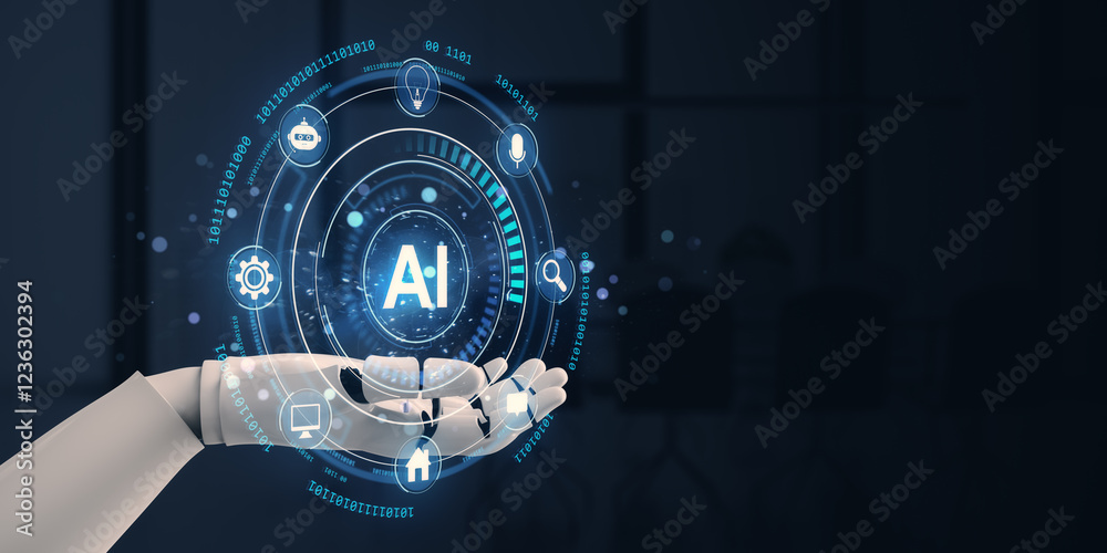 Poster Futuristic AI interface with robotic hand presenting holographic symbols in digital space. 3D Rendering