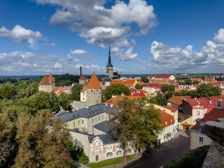 Obraz premium View over the old town of Tallinn with St. Olaf's Church Tower.