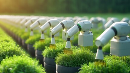 Robotic arms tend to potted plants in a vibrant field at sunset, showcasing innovative technology in agriculture. Automated systems enhance efficiency and care for crops.