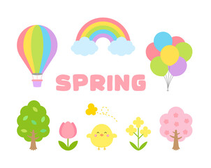 Naklejka premium A set of illustrations with a spring concept. Cherry blossoms, flowers, rainbows, balloons, hot air balloons, chicks, rape blossoms, butterflies, trees, tulips.