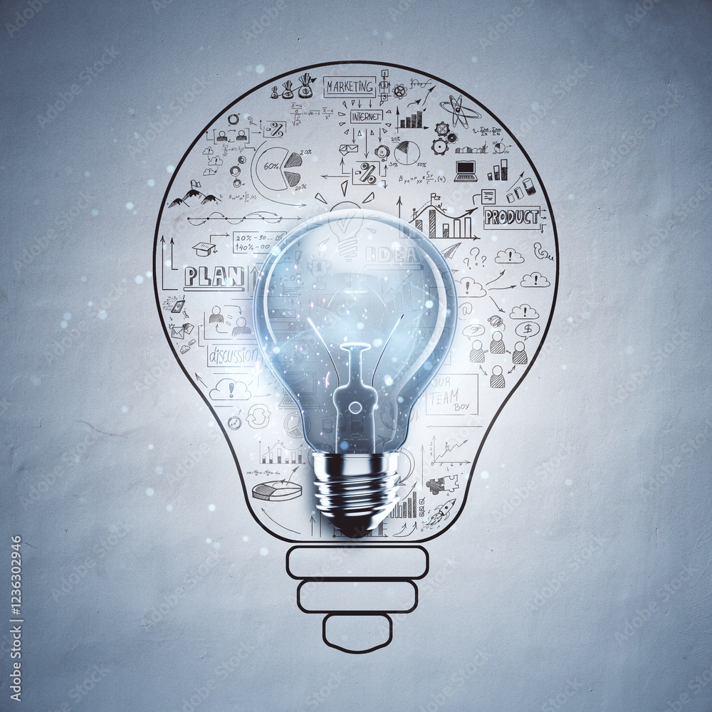 Aufkleber creative lightbulb concept with business sketches in background. 3d rendering