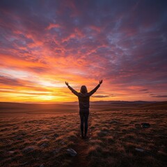 Fototapeta premium Inspiring Photograph of a Person Embracing a Vibrant Sunset in Open Landscape with Dramatic Sky