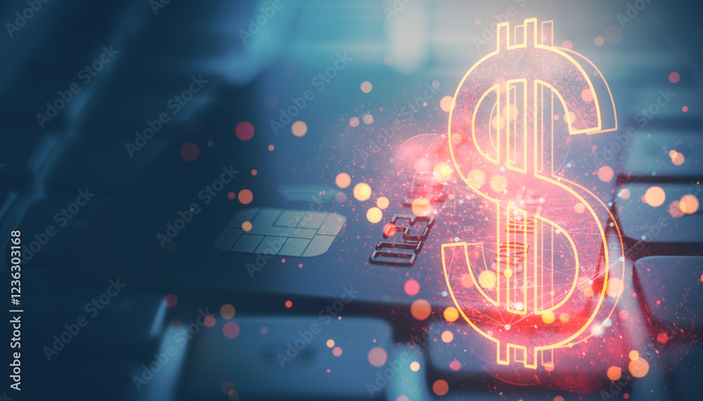 Poster abstract glowing dollar sign overlaying a credit card with colorful light bokeh effects on a dark ba