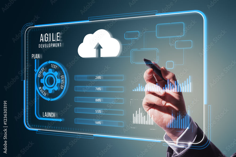 Poster Agile development interface with neon design and cloud system on futuristic display.