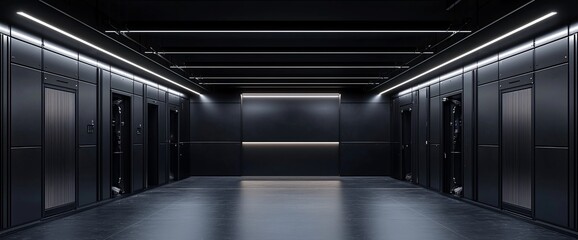 Naklejka premium Dark modern hallway with elevators and sleek design.