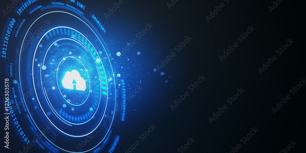 Poster glowing cloud upload icon with futuristic blue neon digital interface on dark background. 3d renderi
