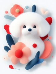 Adorable Stylized Fluffy Dog Surrounded by Colorful Flowers