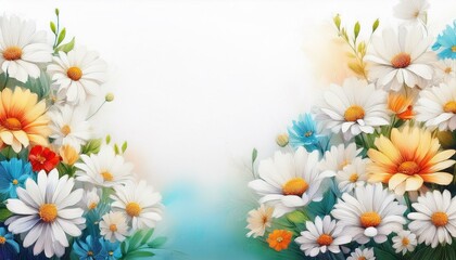 Fototapeta premium border frame white daisy flowers on white background with copy space