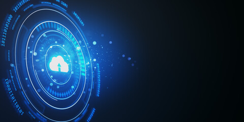 Glowing cloud upload icon with futuristic blue neon digital interface on dark background. 3D Rendering