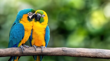 Fototapeta premium Two parrots are sitting on a branch, one is blue and the other is yellow