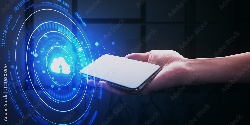 Poster smartphone with holographic cloud upload symbol on futuristic digital background.