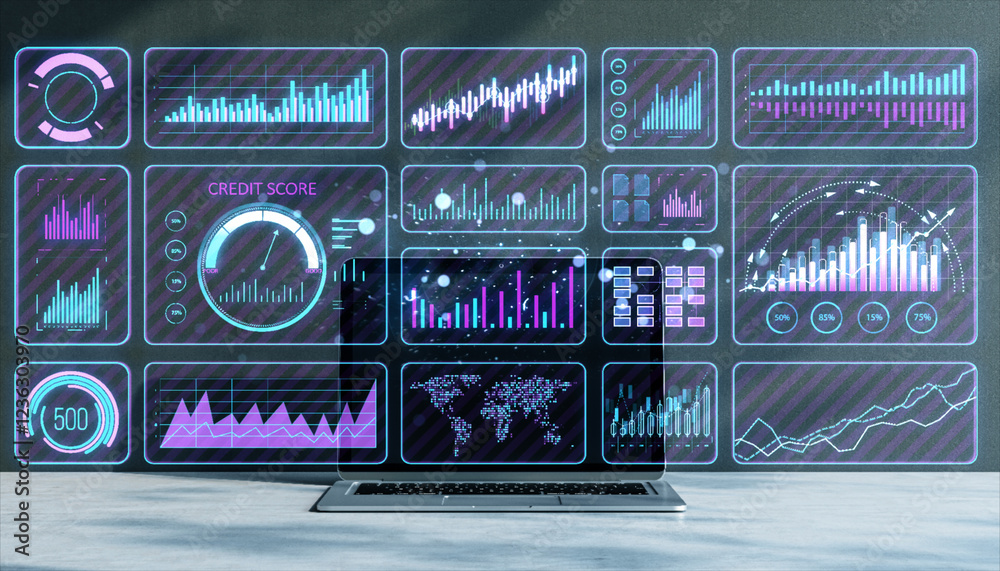 Poster Laptop displaying futuristic financial dashboard with graphs and charts on a holographic interface. 3D Rendering
