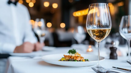 A man is sitting at a table with a plate of food and a wine glass