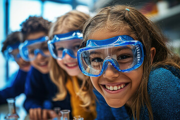Children enthusiastically collaborate on a science experiment while wearing safety goggles in a classroom setting
