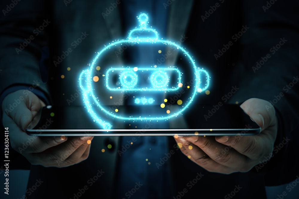 Aufkleber glowing chatbot icon hovering above a tablet held by hands in a dark background.