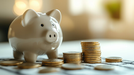 Photo of a simple white piggy bank on a minimalist desk with stacks of coins, representing saving money and financial planning.